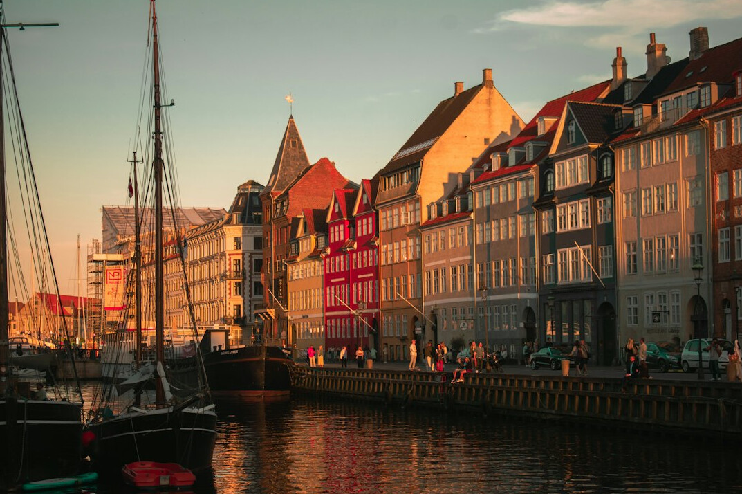 View of colourful harbour houses and canal in a Danish city
